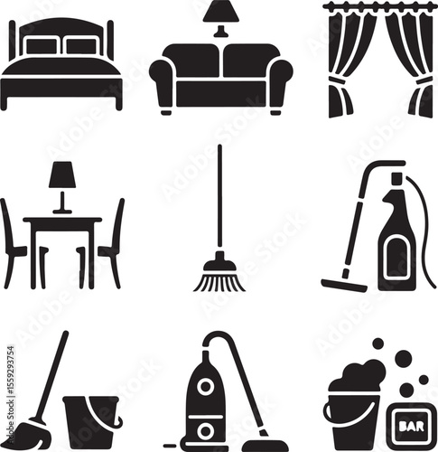 Black and white minimalist icons representing various home and cleaning elements for design and decoration