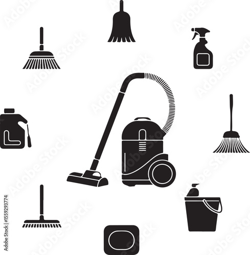 Black and white cleaning tools illustration featuring vacuum cleaner brooms cleaning supplies and accessories