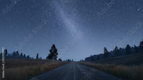 Road stretches into distance under starry night sky with trees on sides.