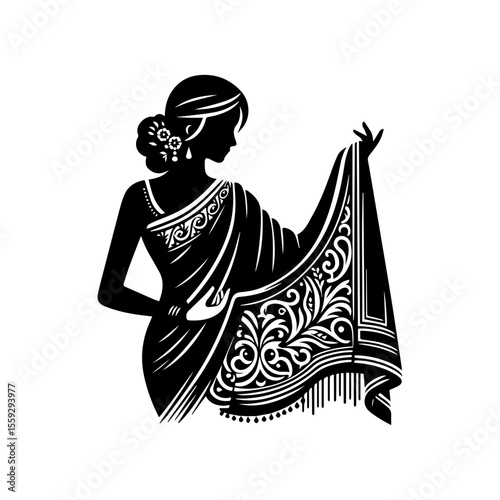 Silhouette of a woman in a traditional sari, displaying the intricate design.