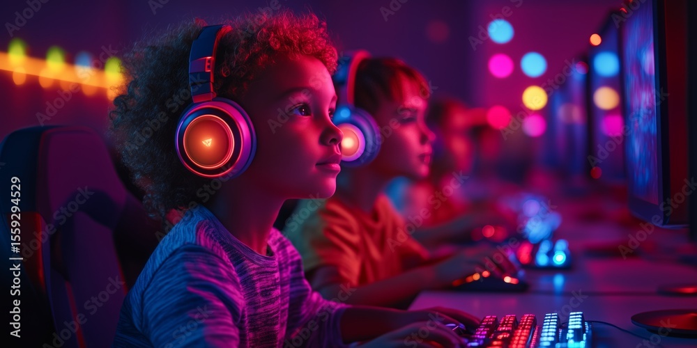 Obraz premium A diverse group of kids sits in a line at a lively gaming center, intently playing video games with headphones, creating a vibrant atmosphere of excitement and engagement
