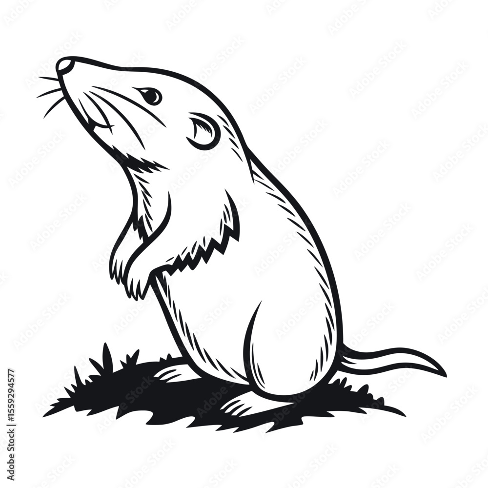 Obraz premium Intriguing Line Art Illustration of a Curious Pocket Gopher, Standing Erect on Hind Legs, Displaying Unique Anatomical Features and Whiskers