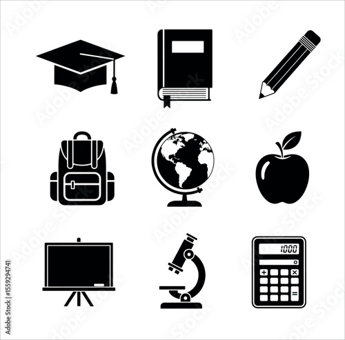Educational Tools and School Supplies Icon Collection in Black Silhouette Style 