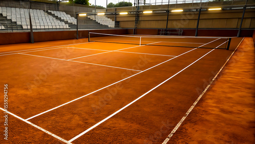 Empty clay tennis court with white lines and stadium seating under bright lights, tennis, court, clay, red, net, sports, outdoor