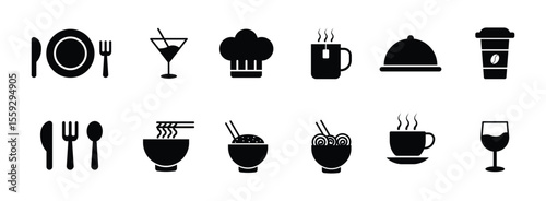 Food and drink icon set in flat style. plate, fork, knife and spoon, set logotype menu, cutlery icon, chef hat, tableware sign, catering icons, Restaurant sign and symbol. Vector illustration.