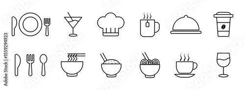 Food and drink icon set in outline style. plate, fork, knife and spoon, set logotype menu, cutlery icon, chef hat, tableware sign, catering icons, Restaurant sign and symbol. Vector illustration.