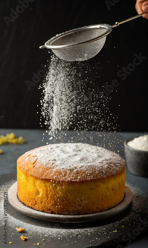 Baker sifts powdered sugar onto a golden sponge cake creating a delicate dusting of sweetness, cake, baking, powdered, sugar, sifting