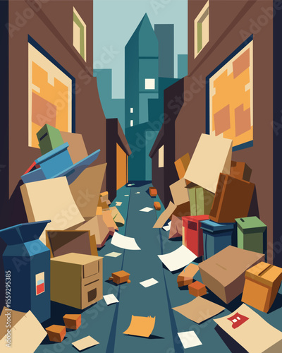 A cluttered alleyway filled with piles of old newspapers discarded cardboard boxes and broken furniture creating a hazardous obstacle course for passersby.. Vector illustration
