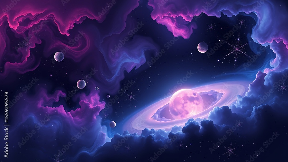 Naklejka premium Cosmic Dreamscape: Surreal Nebula, Planets, and Stars Art for Fantasy Book Covers, Sci-Fi Concept Art, and Imaginative Backgrounds.