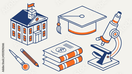 Education and Science Icons School Graduation Cap Microscope and Books.