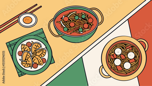Illustrated Asian Cuisine Noodles Dumplings and Egg.