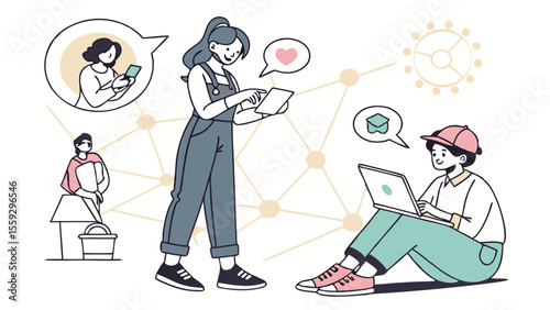 Illustrated people communicating and working remotely with technology.