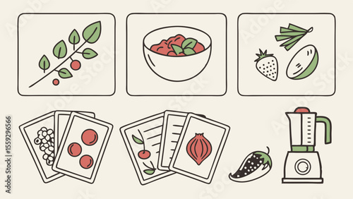 Illustrated Food and Kitchen Items in a Simple Clean Style.