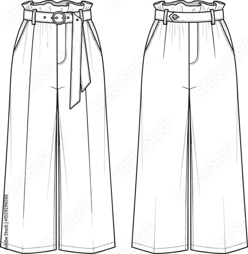 Wide-leg pants sketch, front and back view, high waist design, paper bag waistband, belted trousers, fashion illustration, garment template, technical drawing, stylish apparel