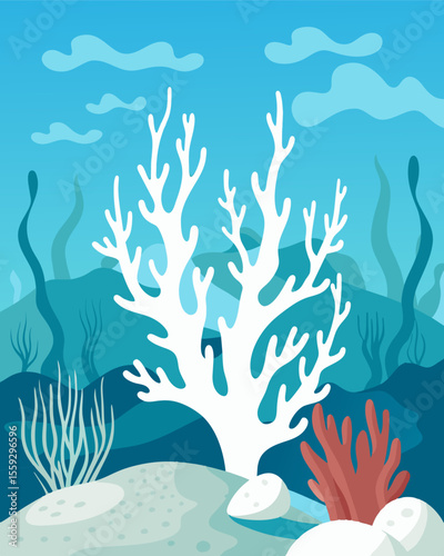 A dying coral reef bleached white and devoid of its vibrant marine life due to overfishing and pollution.. Vector illustration
