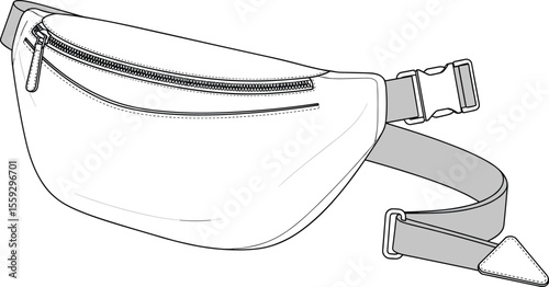 Fanny pack technical sketch, front view illustration, zipper closure, adjustable strap, buckle detail, triangular end, fashion accessory design, bag template, product drawing