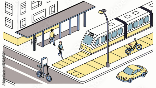 Isometric Illustration of City Street Scene with Train Pedestrians and Vehicles.