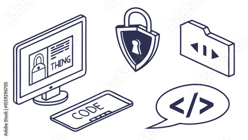 Isometric Illustration of Computer Security and Coding Concepts.