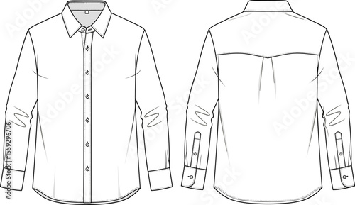 Long sleeve shirt sketch, front and back view, button-up design, pointed collar, buttoned cuffs, yoke with pleat, curved hem, fashion technical drawing