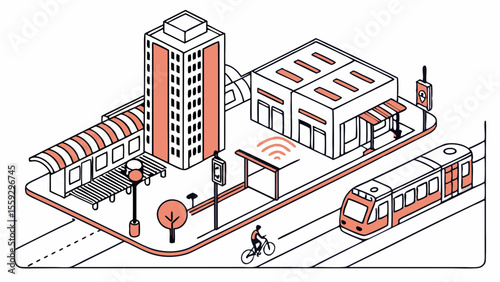 Isometric Illustration of Modern City Block with Train Building and Cyclist.