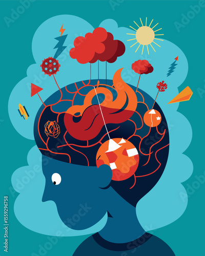 Internal chaos as the mind cannot find common ground between opposing thoughts.. Vector illustration