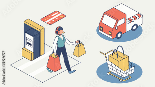 Isometric Illustration of Shopping Delivery and Customer Service.