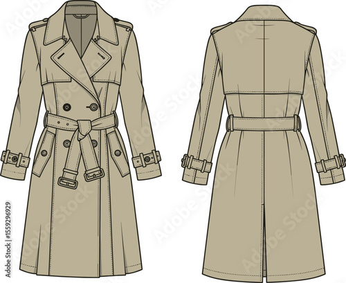 Trench coat fashion sketch, front and back view, double-breasted design, belted waist, cuff straps, epaulettes, technical drawing, stylish outerwear, garment illustration