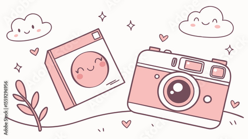 Kawaii Pink Camera and Photo Album Illustration.