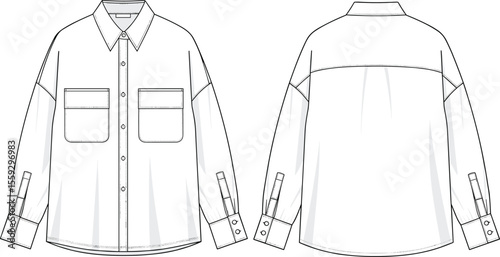 Long sleeve shirt sketch, front and back view, button-down design, chest pockets, pointed collar, cuffed sleeves, yoke detail, fashion technical drawing, garment template