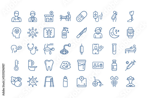 Collection of Medical and Healthcare Icons in Blue Outline