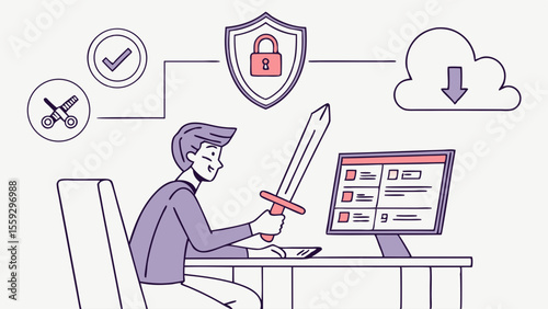 Man with Sword Defending Digital Data on Computer.