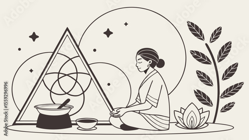 Meditating Woman with Alchemical Symbols Lotus Flower and Plant.