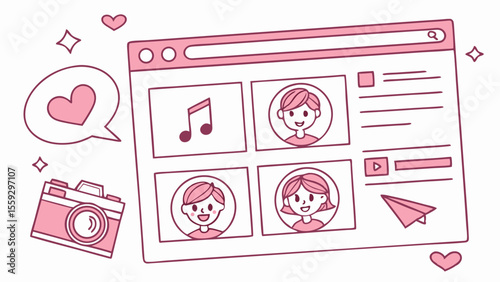 Pink social media interface with camera hearts and paper airplane illustration.