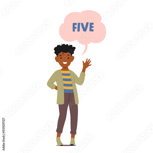 Preschooler boy cartoon character learning numbers counting five showing hand with smile on face