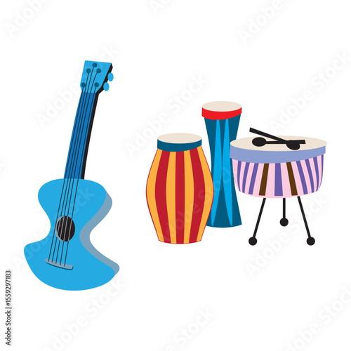 Instrument Ensemble: A vibrantly colored image of a guitar, drum, and bongos instruments isolated, creating a lively image and musical imagery.