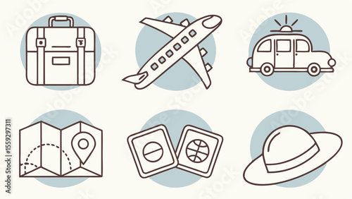 Travel Icons Suitcase Airplane Car Map Tickets and Hat.