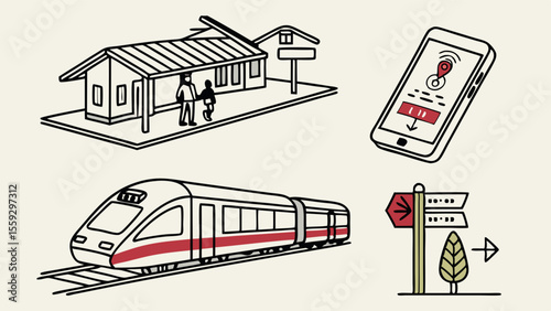 Train station scene with train platform phone and signpost illustration.