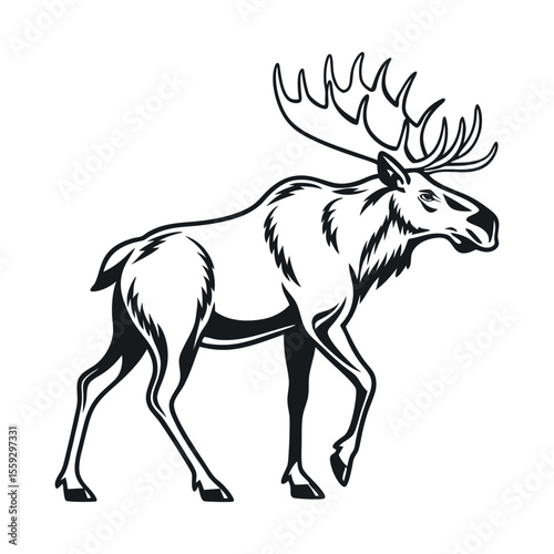 Majestic Moose A Striking Monochrome Illustration of a North American Elk, showcasing its impressive antlers and powerful stance.