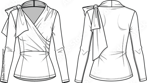 Wrap blouse technical sketch, front and back view, V-neckline design, shoulder bow detail, long sleeves, fitted waist, flared hem, fashion drawing, garment template