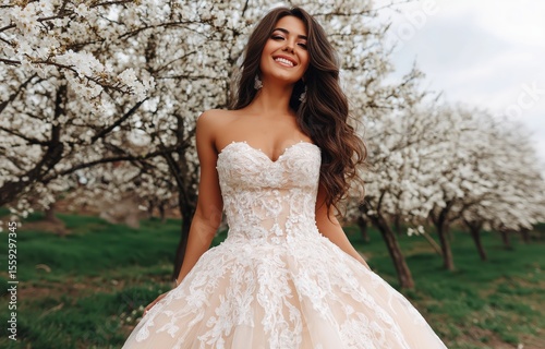 Young bride gracefully walks through a blooming garden in a floral-embroidered gown capturing a fairytale romance in sunlight