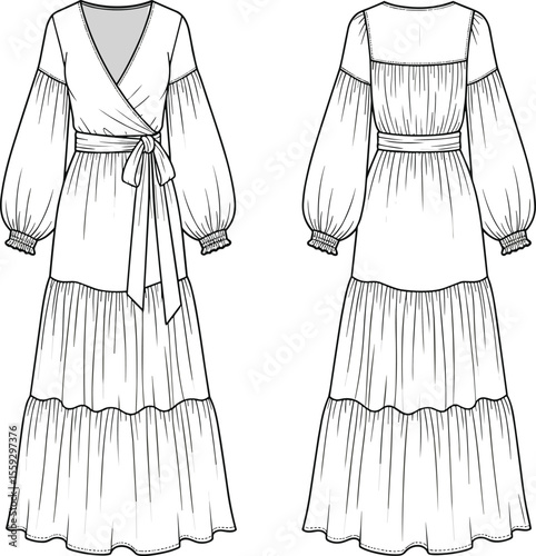 Wrap dress technical sketch, front and back view, V-neckline design, puff sleeves, tiered skirt, tie waist belt, fashion drawing, garment template, sewing illustration