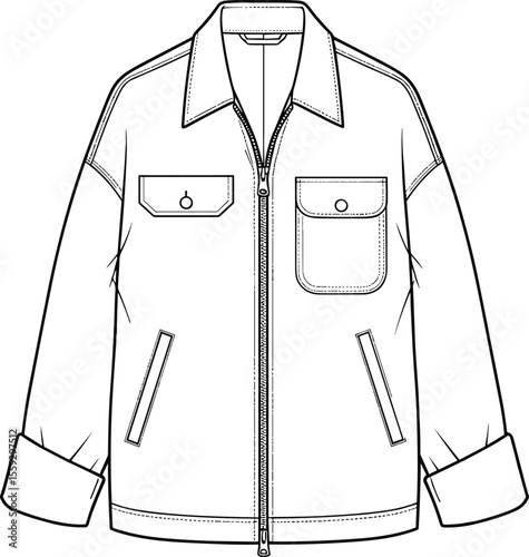 Men’s utility jacket sketch, front view illustration, zipper closure, chest flap pocket, patch pocket, slanted side pockets, cuffed sleeves, fashion technical drawing, garment template
