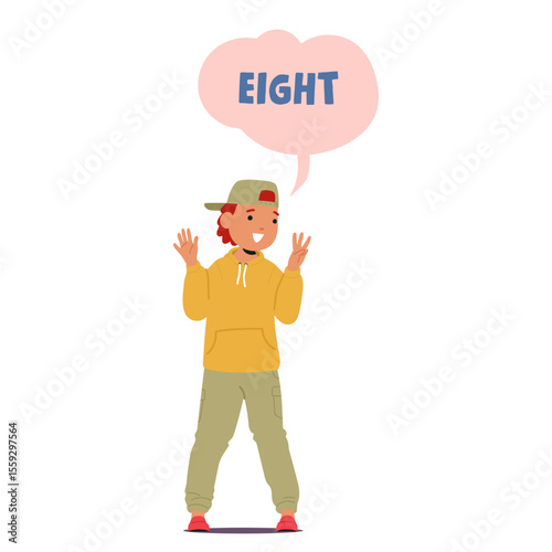 Trendy fashion boy cartoon character counting eight showing number with fingers isolated on white