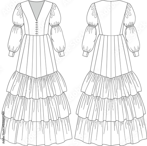 Tiered ruffle dress sketch, front and back view, V-neckline design, puff sleeves, button front bodice, fitted waist, layered skirt, fashion technical drawing