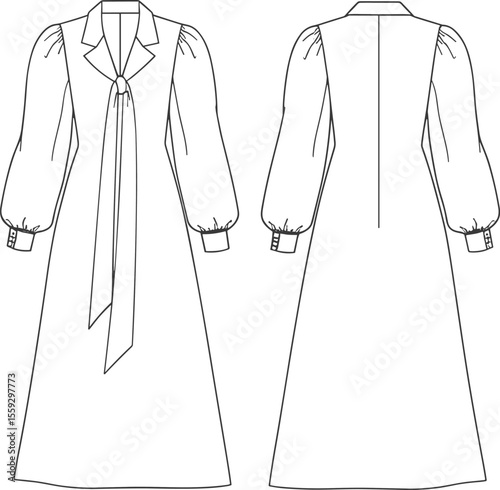 Long sleeve dress sketch, front and back view, collared neckline, tie front detail, puff shoulder sleeves, cuffed wrists, elegant silhouette, fashion technical drawing, garment template