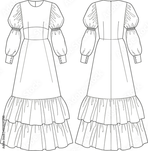 Tiered ruffle dress sketch, front and back view, puff sleeves, round neckline, fitted bodice, long skirt, cuffed sleeves, fashion technical drawing, garment design template