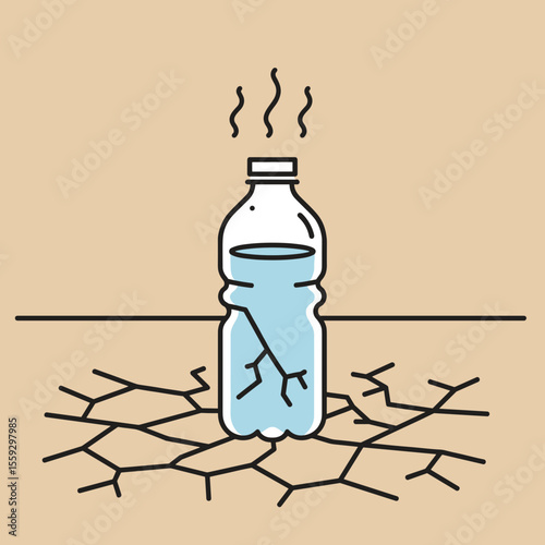 Cracked water bottle on dry ground under heat