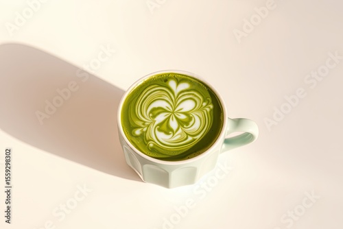 Overhead view of a pale green mug containing matcha latte art;  a swirling, floral design adorns the frothy top; soft light casts a shadow
