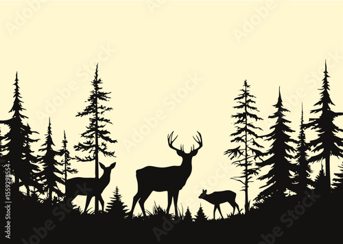Magnificent silhouette of a herd of deer in the forested sunset
