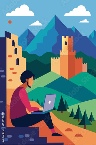 On the edge of the towns ancient castle walls a digital nomad gazes out at the scenic countryside while typing away on their laptop.. Vector illustration